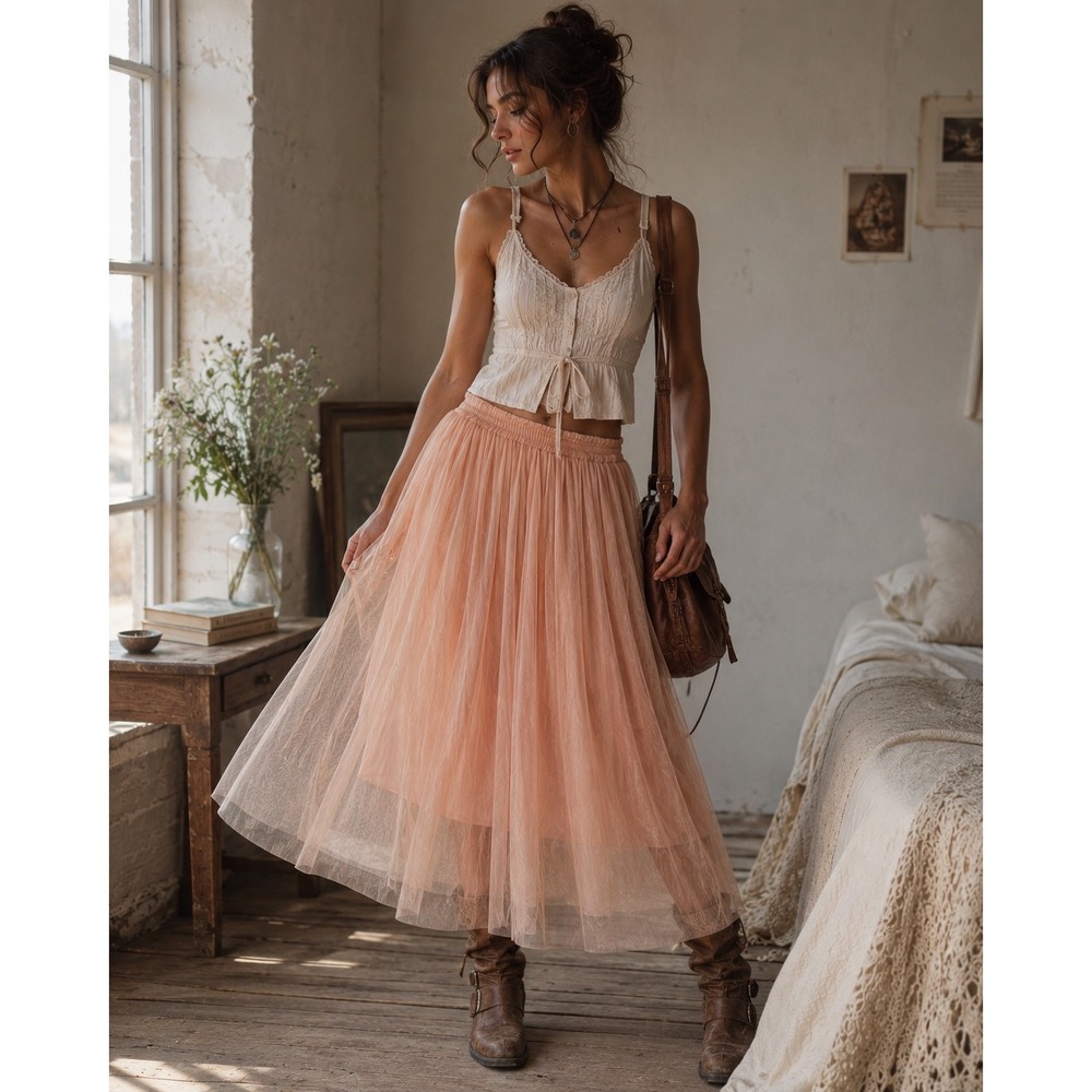 Haute Monde Peach Pink Tulle Pleated Midi Skirt Womens Medium